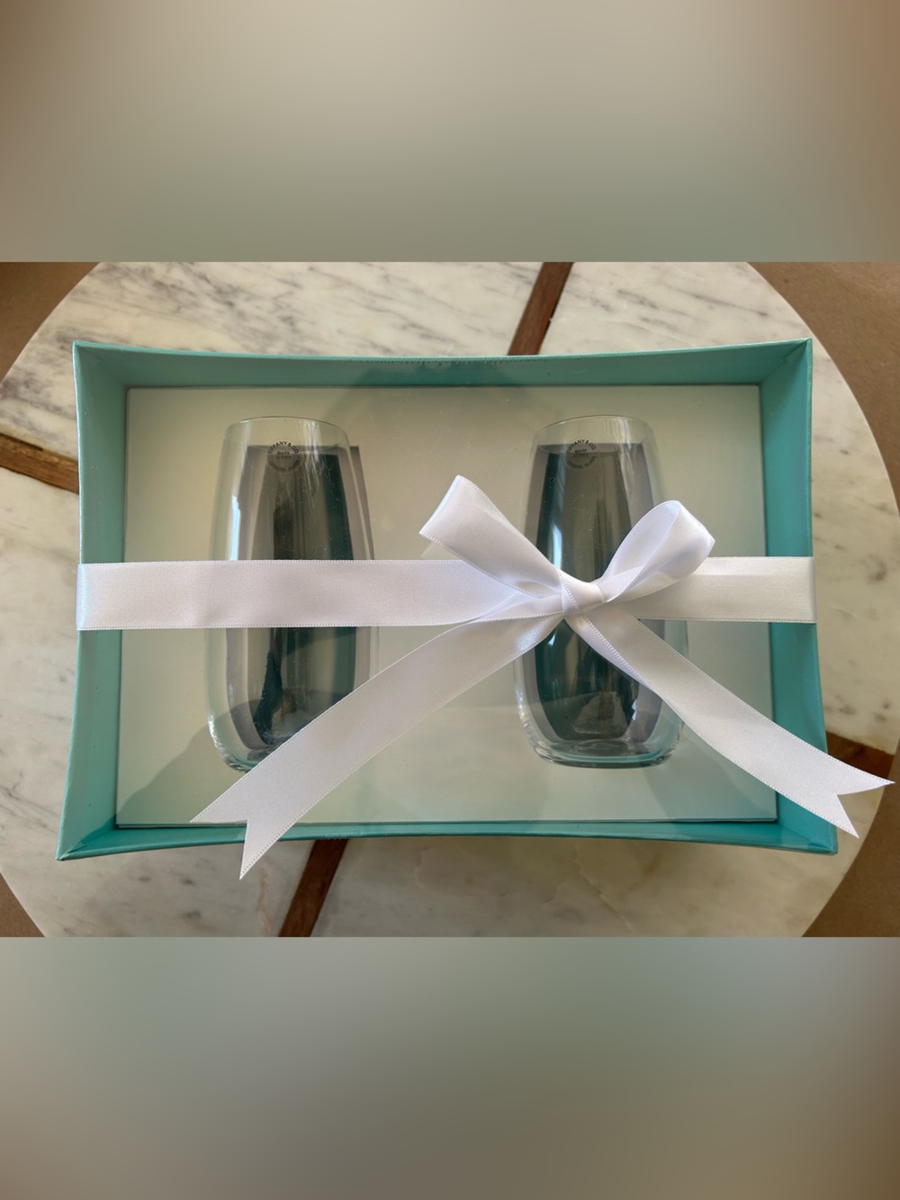 Tiffany & Co. Blue Box with Crystal Glass Tumblers and White Ribbon